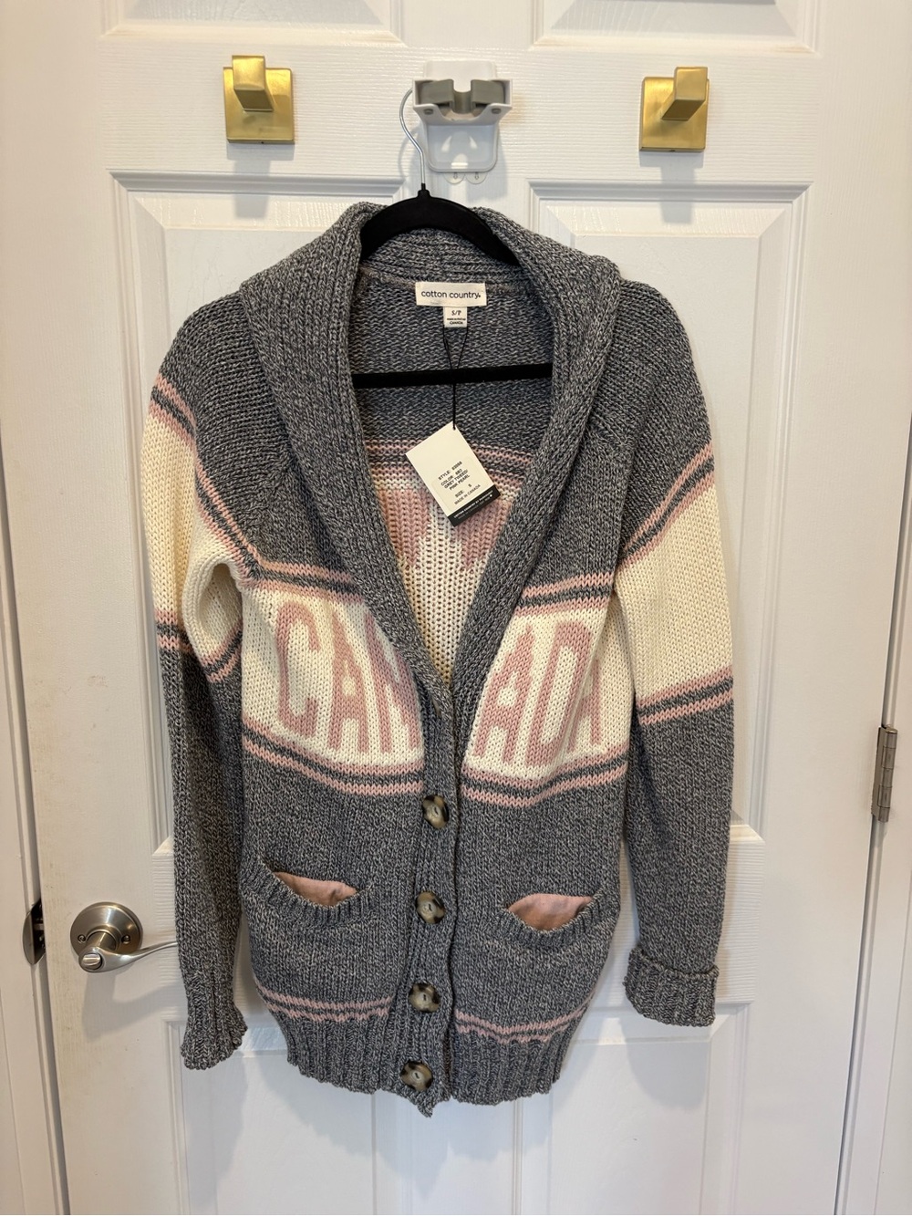 Cotton Country Canada Shawl-Collar Button Cardigan in Gray, Cream & Pink #1373